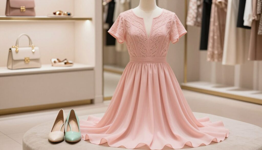 A beautiful, elegant pink dress gracefully draped on a mannequin, showcasing its delicate fabric and intricate details. The dress has short sleeves and a flowing skirt that radiates charm and femininity. In the foreground, a pair of stylish shoes in complementary colors—soft cream and mint green—are placed beside the dress, emphasizing harmonious color coordination. In the middle ground, a well-lit fashion boutique setting offers a blurred view of additional accessories, such as chic handbags and statement jewelry, which further enhance the overall aesthetic. The background is softly illuminated with warm, inviting lighting that creates a cozy, sophisticated atmosphere, inviting viewers to explore stylish combinations. The camera angle is slightly elevated, capturing the essence of fashion and elegance in this serene scene.