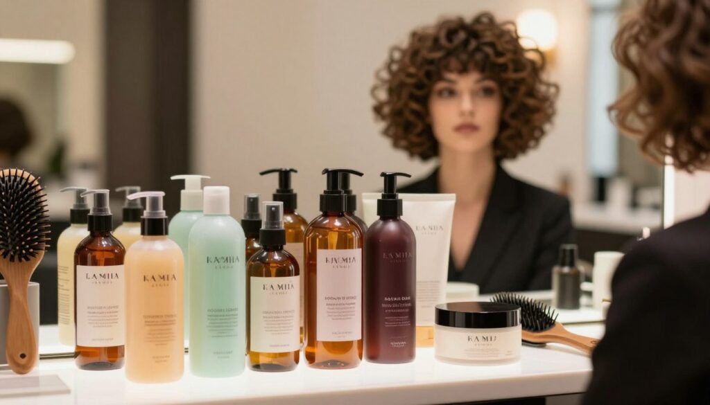 A beautifully arranged display of hair care products designed to enhance hair texture, featuring sleek bottles of serums, sprays, and creams. In the foreground, a well-lit vanity table showcases the products with labels visible, highlighting their benefits for volumizing and texturizing hair. A soft focus on luxurious hair care accessories, like a brush and comb, complements the scene. The middle ground exhibits a model with a stylish bob haircut, showcasing voluminous and textured hair, dressed in professional attire to convey a sense of elegance. The background features a softly blurred salon setting with warm, inviting lighting. The overall mood should feel vibrant and uplifting, emphasizing the importance of choosing the right products for enhancing hair's natural beauty and texture.