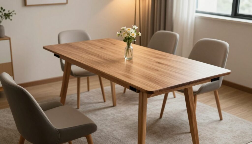 A beautifully arranged folding table set in a small, cozy living room. The table is elegantly extended, showcasing its functionality while taking up minimal space. In the foreground, rich wood grains and seamless craftsmanship highlight the table's design. In the middle ground, a well-organized seating area with stylish chairs complements the table, adorned with a simple centerpiece of fresh flowers. The background features soft, ambient lighting from a nearby window, creating a warm and inviting atmosphere. The room is tastefully decorated with neutral colors and minimalist decor, enhancing the sense of openness and tranquility. Capture this scene from a slightly elevated angle to showcase the arrangement's spatial efficiency.