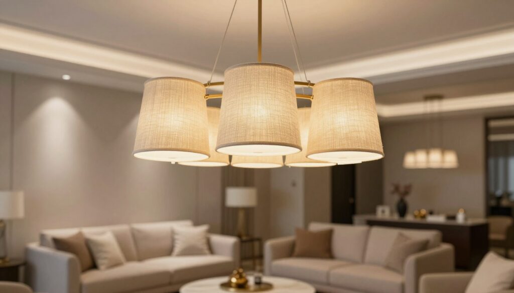 A beautifully designed chandelier with elegant fabric lampshades hanging gracefully from the ceiling in a stylish living room. The foreground features a detailed view of the textured abażur (lampshade) showcasing intricate patterns and a warm color palette. In the middle, the chandelier is the focal point, with soft, ambient lighting illuminating the room, casting gentle shadows on the walls. The background includes tastefully arranged furniture, such as a plush sofa and a decorative coffee table, enhancing the cozy atmosphere. The scene is captured with a soft focus lens to evoke a warm and inviting mood, reminiscent of a well-decorated, modern interior space. The lighting is warm and soft, creating a tranquil ambiance perfect for relaxation.