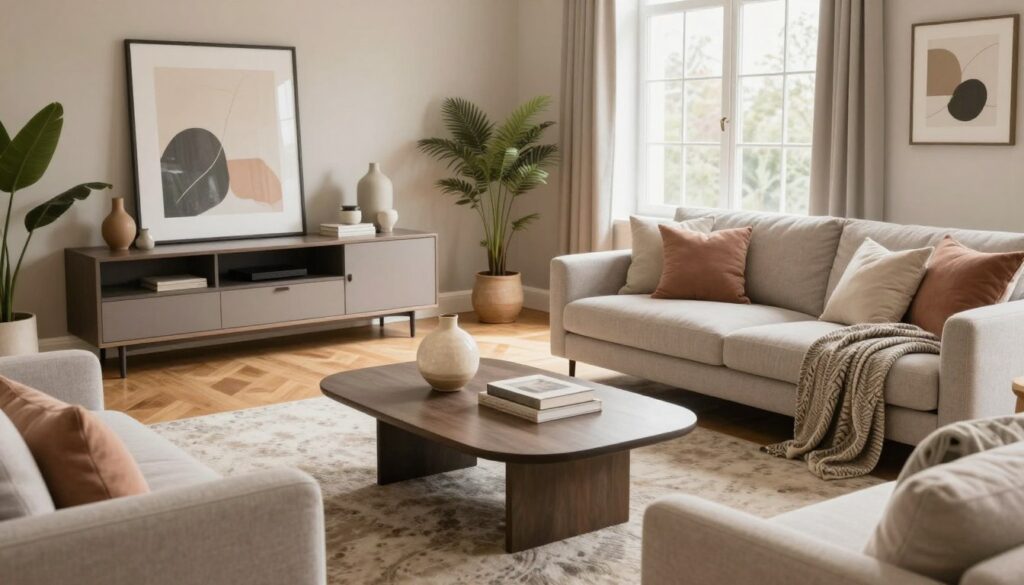 A beautifully designed living room featuring a harmonious blend of interior styles, showcasing a cozy and inviting atmosphere. In the foreground, a stylish sofa with plush cushions and a patterned throw, complemented by a modern coffee table adorned with a decorative vase and soft books. The middle ground includes a sleek entertainment unit and tasteful wall art that enhances the room's aesthetics. In the background, large windows allow natural light to flood the space, highlighting warm wooden flooring and soft area rugs that add texture. The color palette is soothing, with earth tones and pastel accents. The scene conveys a sense of tranquility and comfort, inviting viewers to envision their ideal interior style. The lighting is soft and warm, creating an inviting ambiance.