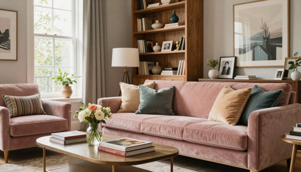 A beautifully designed living room interior inspired by the personal style of a renowned journalist. In the foreground, a stylish and cozy seating area features a plush velvet sofa adorned with colorful throw pillows, accompanied by a chic coffee table with art books and a small vase of fresh flowers. The middle ground showcases an elegant bookshelf filled with curated decor items and framed photographs. Large windows allow natural light to flood the space, enhancing the warm wood tones and soft pastels of the decor. In the background, tasteful artwork adorns the walls, adding character to the room. The atmosphere is inviting and sophisticated, reflecting a harmonious blend of modern and vintage elements, captured with soft, diffused lighting for a serene ambiance. A beautifully designed living room interior inspired by the personal style of a renowned journalist. In the foreground, a stylish and cozy seating area features a plush velvet sofa adorned with colorful throw pillows, accompanied by a chic coffee table with art books and a small vase of fresh flowers. The middle ground showcases an elegant bookshelf filled with curated decor items and framed photographs. Large windows allow natural light to flood the space, enhancing the warm wood tones and soft pastels of the decor. In the background, tasteful artwork adorns the walls, adding character to the room. The atmosphere is inviting and sophisticated, reflecting a harmonious blend of modern and vintage elements, captured with soft, diffused lighting for a serene ambiance.