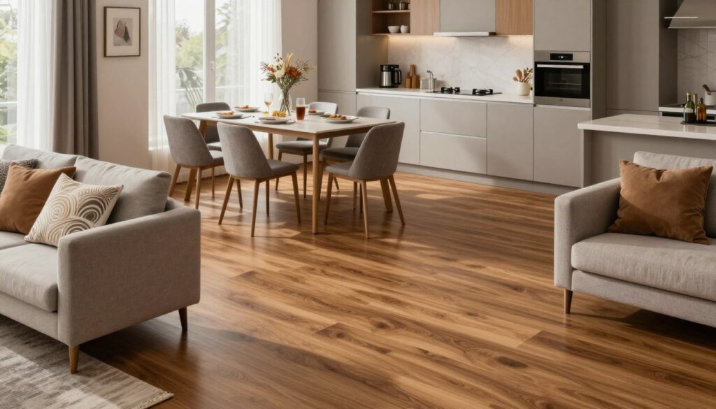 A beautifully designed open-plan living room and kitchen, showcasing stylish vinyl flooring. In the foreground, a cozy seating area with a modern sofa, accented with decorative cushions. The middle ground features a sleek dining table set for an elegant meal, surrounded by simple yet chic chairs. The background reveals a contemporary kitchen with minimalistic cabinets and appliances, seamlessly integrated with the living area. Soft, natural light filters through large windows, casting gentle shadows across the warm-toned vinyl flooring. The atmosphere exudes a welcoming, harmonious vibe that reflects modern living, emphasizing the versatility and aesthetic charm of vinyl paneling throughout the space. A beautifully designed open-plan living room and kitchen, showcasing stylish vinyl flooring. In the foreground, a cozy seating area with a modern sofa, accented with decorative cushions. The middle ground features a sleek dining table set for an elegant meal, surrounded by simple yet chic chairs. The background reveals a contemporary kitchen with minimalistic cabinets and appliances, seamlessly integrated with the living area. Soft, natural light filters through large windows, casting gentle shadows across the warm-toned vinyl flooring. The atmosphere exudes a welcoming, harmonious vibe that reflects modern living, emphasizing the versatility and aesthetic charm of vinyl paneling throughout the space.