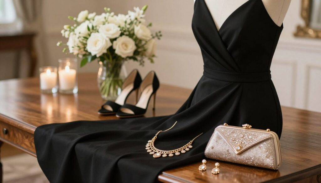 A beautifully styled black dress elegantly draped on a mannequin, complemented by a variety of tasteful accessories arranged around it. The foreground features a delicate, gold statement necklace with matching earrings, alongside a chic, embellished clutch. In the middle, a pair of classy strappy heels that add height and sophistication to the outfit. The background has a softly blurred, luxurious setting, like a polished wooden table adorned with fresh white flowers and subtle candlelight, creating a warm and inviting ambiance. Soft, natural lighting highlights the textures of the fabrics and accessories, with a focus on capturing the elegance and charm of a wedding guest attire. The atmosphere is one of sophistication, celebrating chic styling without any somber associations. A beautifully styled black dress elegantly draped on a mannequin, complemented by a variety of tasteful accessories arranged around it. The foreground features a delicate, gold statement necklace with matching earrings, alongside a chic, embellished clutch. In the middle, a pair of classy strappy heels that add height and sophistication to the outfit. The background has a softly blurred, luxurious setting, like a polished wooden table adorned with fresh white flowers and subtle candlelight, creating a warm and inviting ambiance. Soft, natural lighting highlights the textures of the fabrics and accessories, with a focus on capturing the elegance and charm of a wedding guest attire. The atmosphere is one of sophistication, celebrating chic styling without any somber associations.