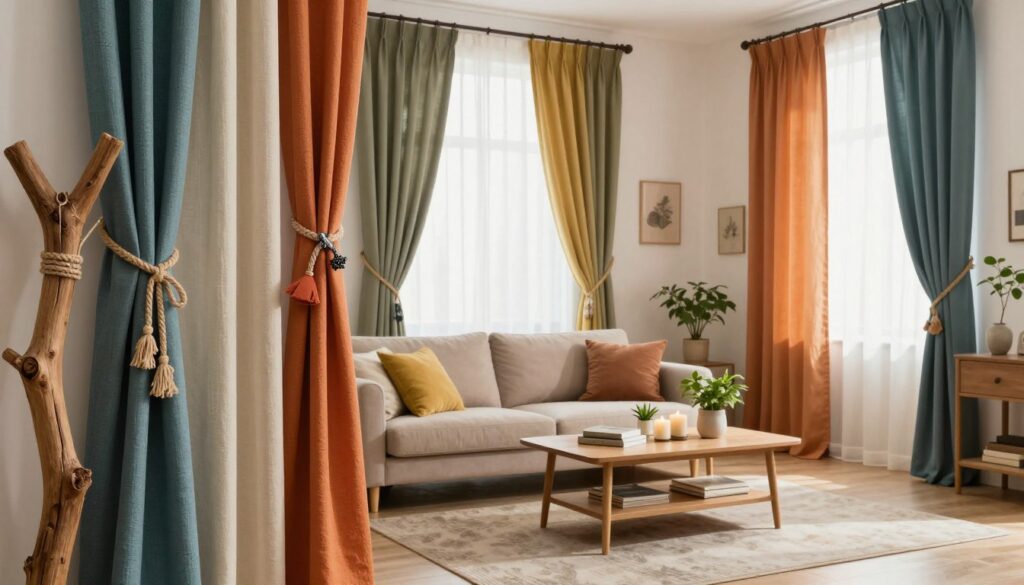 A beautifully styled living room featuring creative curtain arrangements without professional accessories. In the foreground, colorful fabric curtains are gathered with unique methods: a rustic wooden branch and twine, decorative clips, and elegant rope knots. The middle ground shows a cozy sofa and a tasteful coffee table adorned with plants, candles, and books. The background features soft, natural light streaming through sheer curtains, creating a warm and inviting atmosphere. The overall mood is relaxed and artistic, suggesting a DIY spirit. Use a wide-angle lens to capture the entire room’s harmonious design, emphasizing texture and color in the fabrics and furnishings. A beautifully styled living room featuring creative curtain arrangements without professional accessories. In the foreground, colorful fabric curtains are gathered with unique methods: a rustic wooden branch and twine, decorative clips, and elegant rope knots. The middle ground shows a cozy sofa and a tasteful coffee table adorned with plants, candles, and books. The background features soft, natural light streaming through sheer curtains, creating a warm and inviting atmosphere. The overall mood is relaxed and artistic, suggesting a DIY spirit. Use a wide-angle lens to capture the entire room’s harmonious design, emphasizing texture and color in the fabrics and furnishings.