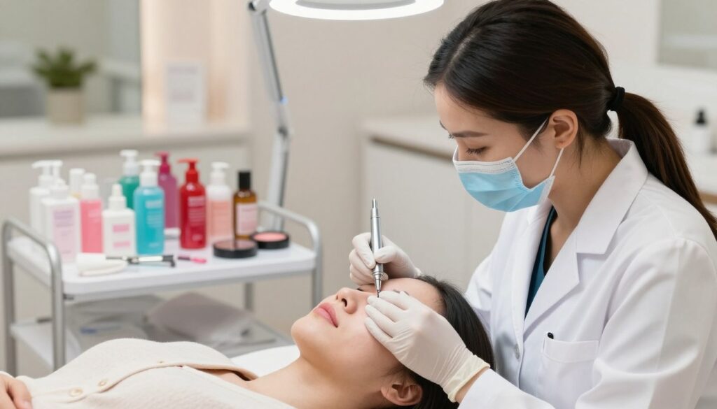 A beauty clinic setting showcasing a skilled aesthetician performing a permanent makeup correction on a client's lips. In the foreground, the aesthetician, dressed in a professional white lab coat and gloves, carefully examines the client's lips with a fine precision tool. The client, relaxed and comfortable on a treatment bed, has a neutral expression and modest attire. In the middle ground, vibrant cosmetic products and tools are neatly arranged on a clean counter, with soft, diffused lighting enhancing the sterile yet inviting atmosphere. The background features softly blurred clinical decorations, creating a serene and professional mood. The overall image evokes a sense of care and expertise, emphasizing the importance of makeup correction in enhancing aesthetic results. A beauty clinic setting showcasing a skilled aesthetician performing a permanent makeup correction on a client's lips. In the foreground, the aesthetician, dressed in a professional white lab coat and gloves, carefully examines the client's lips with a fine precision tool. The client, relaxed and comfortable on a treatment bed, has a neutral expression and modest attire. In the middle ground, vibrant cosmetic products and tools are neatly arranged on a clean counter, with soft, diffused lighting enhancing the sterile yet inviting atmosphere. The background features softly blurred clinical decorations, creating a serene and professional mood. The overall image evokes a sense of care and expertise, emphasizing the importance of makeup correction in enhancing aesthetic results.