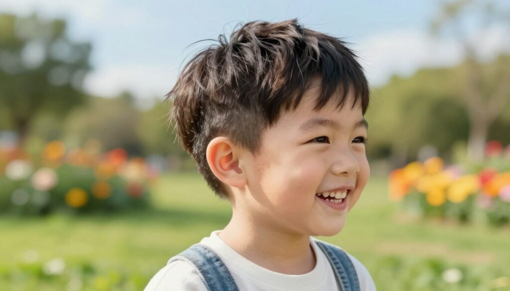 A bright and cheerful image of a young boy, around 5 years old, showcasing a stylish, short haircut that's practical for everyday wear. The boy should have a big, joyful smile, embodying a carefree and playful spirit, dressed in a casual, modest outfit. The foreground features the boy in profile, allowing viewers to appreciate the details of his haircut, which is neat and modern with a touch of ruggedness. In the background, a sunny park setting with soft green grass and colorful flowers adds to the lively atmosphere. The lighting is warm and inviting, evoking a sense of happiness and comfort. The scene should be captured from a slightly low angle to emphasize the boy's hairstyle against the vibrant sky.