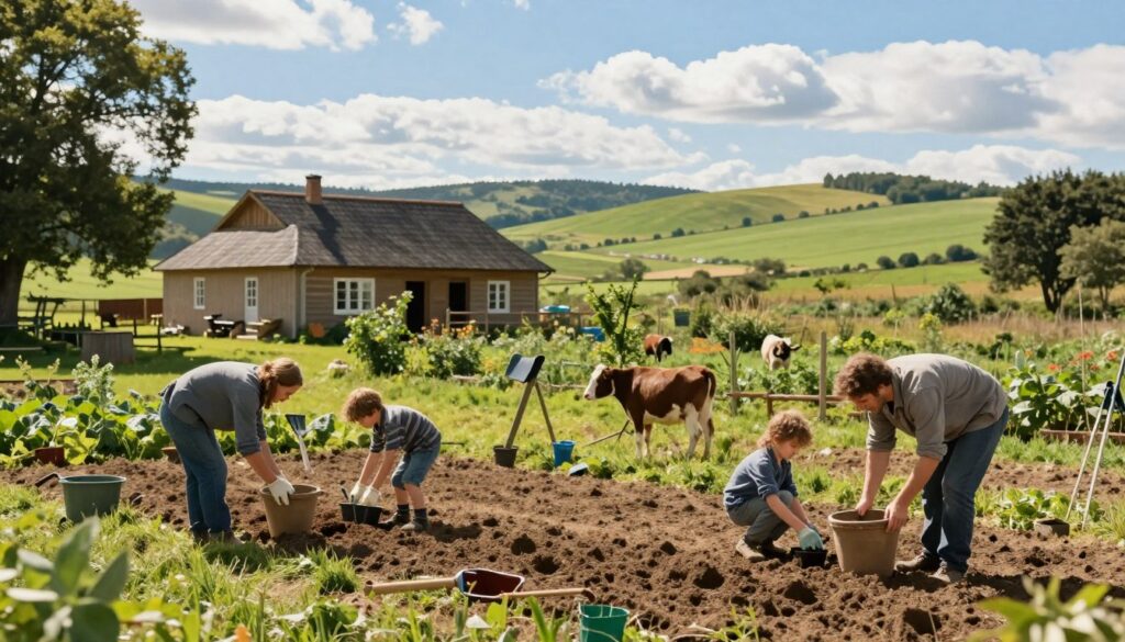 A bustling family farm scene that captures the essence of rural life. In the foreground, a family of four—two adults in modest casual clothing and two children—are engaged in various farming activities, such as planting seeds and tending to animals. The middle ground features a traditional farmhouse with a well-kept garden and farming tools scattered around, surrounded by lush green fields. In the background, rolling hills meet the horizon under a bright blue sky, with fluffy white clouds providing a serene atmosphere. Natural sunlight filters through the trees, creating warm highlights and soft shadows that enhance the inviting, hardworking spirit of family life on a farm. The composition conveys a sense of harmony and connection to nature, emphasizing the crucial role of agriculture in daily living.