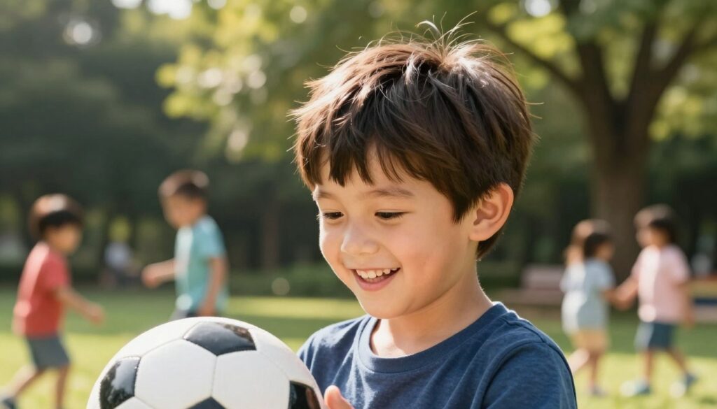 A cheerful young boy with a stylish short haircut featuring playful bangs, embodying a modern and trendy look. He is depicted in a bright, outdoor park setting, with sunlight filtering through leafy trees. The foreground showcases the boy's joyful expression as he plays with a soccer ball, highlighting the practicality of his hairstyle for active children. In the middle-ground, there are children playing in the background, adding a lively atmosphere to the scene. The lighting is warm and inviting, emphasizing the freshness of the haircut. The angle captures the boy from a slightly low perspective, giving him a dynamic appearance. Overall, the mood is energetic and fun, perfectly reflecting the theme of trendy, easy-to-manage hairstyles for active boys. A cheerful young boy with a stylish short haircut featuring playful bangs, embodying a modern and trendy look. He is depicted in a bright, outdoor park setting, with sunlight filtering through leafy trees. The foreground showcases the boy's joyful expression as he plays with a soccer ball, highlighting the practicality of his hairstyle for active children. In the middle-ground, there are children playing in the background, adding a lively atmosphere to the scene. The lighting is warm and inviting, emphasizing the freshness of the haircut. The angle captures the boy from a slightly low perspective, giving him a dynamic appearance. Overall, the mood is energetic and fun, perfectly reflecting the theme of trendy, easy-to-manage hairstyles for active boys.