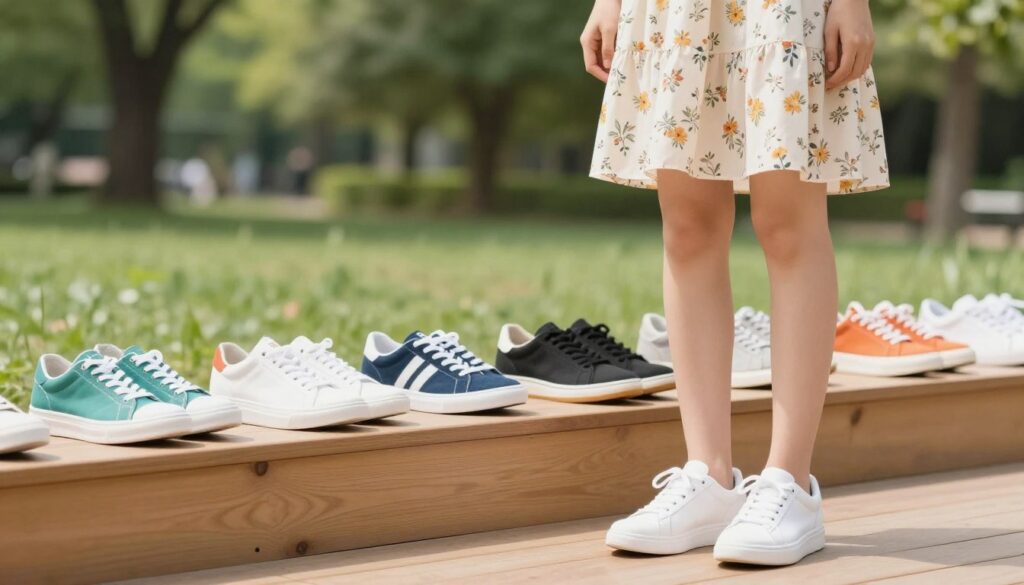 A chic young woman stands confidently in the foreground, wearing a casual summer dress that falls just above the knee, paired with stylish white sneakers. The dress features delicate floral patterns, enhancing a cheerful and relaxed vibe. In the middle ground, various pairs of colorful sneakers are displayed on a sleek wooden surface, showcasing different styles and designs that complement dresses. The background features a sunlit park with greenery, creating a fresh and lively atmosphere. Soft, natural lighting gently illuminates the scene, highlighting the textures of the fabric and the details of the sneakers. The composition conveys a sense of playful sophistication, perfect for illustrating the harmony between sneakers and dresses in fashion. A chic young woman stands confidently in the foreground, wearing a casual summer dress that falls just above the knee, paired with stylish white sneakers. The dress features delicate floral patterns, enhancing a cheerful and relaxed vibe. In the middle ground, various pairs of colorful sneakers are displayed on a sleek wooden surface, showcasing different styles and designs that complement dresses. The background features a sunlit park with greenery, creating a fresh and lively atmosphere. Soft, natural lighting gently illuminates the scene, highlighting the textures of the fabric and the details of the sneakers. The composition conveys a sense of playful sophistication, perfect for illustrating the harmony between sneakers and dresses in fashion.