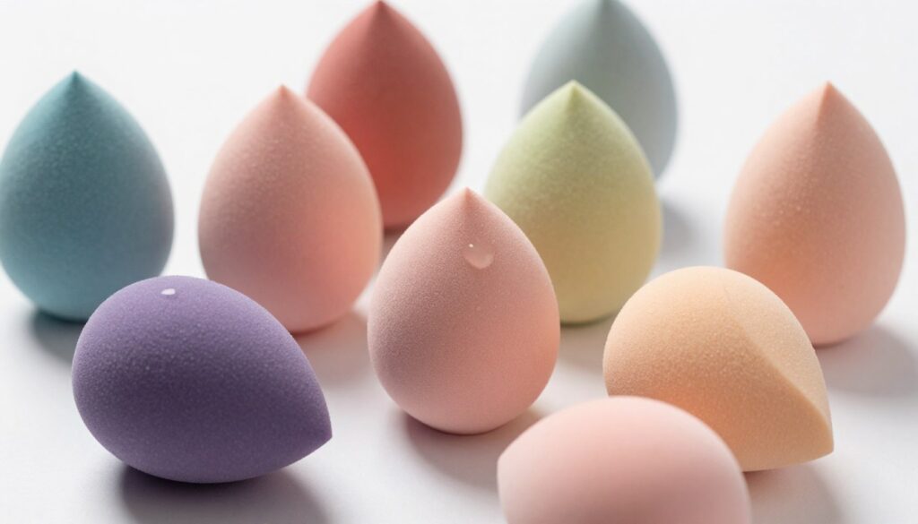 A close-up image of a variety of makeup sponges (gąbki makijażu) artistically arranged on a clean, white background. The sponges should be in different shapes and colors, showcasing a blend of round, teardrop, and wedge shapes, with textures that highlight their porous nature. In the foreground, one sponge should be half wet to emphasize the cleaning process. The lighting should be soft and diffused, creating a gentle and inviting atmosphere, casting subtle shadows to add depth. The lens should be at a slight angle, giving a dynamic perspective on the sponges while keeping the focus sharp. The overall mood should be fresh and clean, reflecting the essence of makeup hygiene. A close-up image of a variety of makeup sponges (gąbki makijażu) artistically arranged on a clean, white background. The sponges should be in different shapes and colors, showcasing a blend of round, teardrop, and wedge shapes, with textures that highlight their porous nature. In the foreground, one sponge should be half wet to emphasize the cleaning process. The lighting should be soft and diffused, creating a gentle and inviting atmosphere, casting subtle shadows to add depth. The lens should be at a slight angle, giving a dynamic perspective on the sponges while keeping the focus sharp. The overall mood should be fresh and clean, reflecting the essence of makeup hygiene.