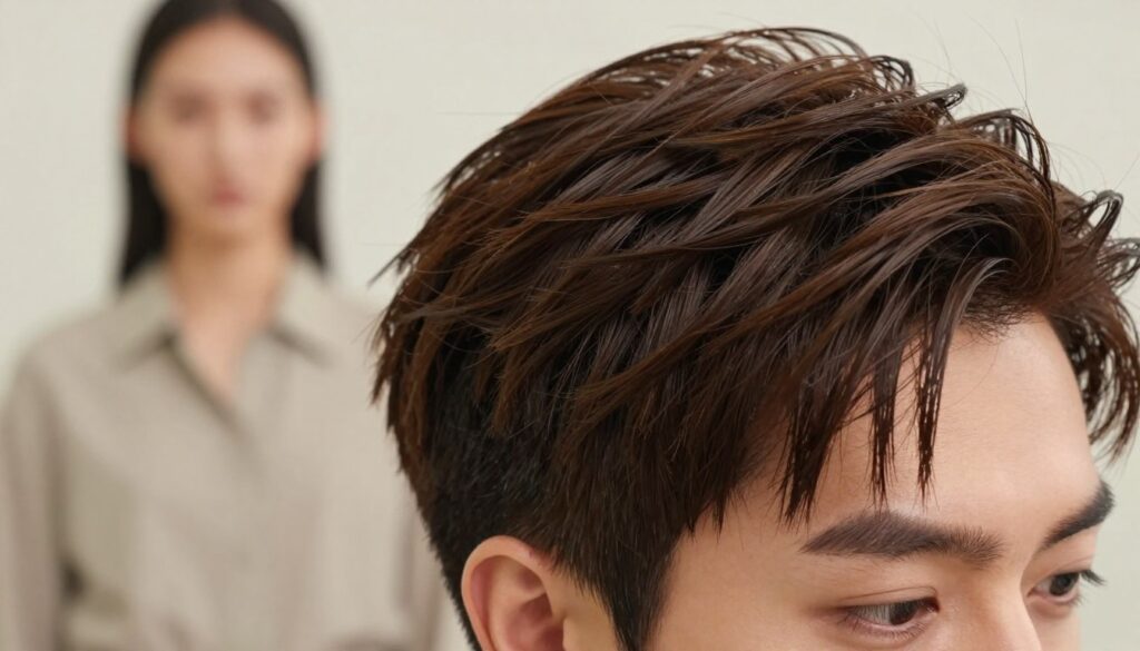 A close-up image showcasing a head with a "matchstick" hairstyle that emphasizes hair density. The foreground features strands of hair meticulously styled into a sharp, angular shape, illustrating the unique texture and volume of hair in this cut. In the middle ground, display a professional model in modest casual clothing, with a neutral expression, highlighting the elegance of the hairstyle. The background is softly blurred, with a light, neutral color palette to keep the focus on the hair. Use bright but soft lighting to create a warm atmosphere, capturing the intricate details of the hair. The angle should be slightly above, allowing a top-down view that showcases the hairstyle's structure while ensuring the model's face is visible and engaging.