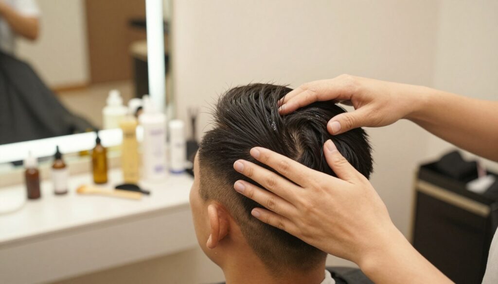 A close-up image showcasing a professional hair care routine focused on scalp maintenance for a taper fade hairstyle. In the foreground, a stylist gently massages a client's scalp with nourishing treatments, emphasizing the texture of the hair and scalp. The client, a person with short, neatly tapered hair, is dressed in a casual, yet polished outfit, conveying a sense of relaxation and care. In the middle ground, various skincare products are neatly arranged on a countertop, highlighting oils, serums, and tools used for scalp health. The background features a softly lit salon environment with warm, inviting colors, creating a calming atmosphere. The lighting is soft and diffused to enhance the tranquil, soothing mood of the scene, focusing on the nurturing aspect of scalp care. A close-up image showcasing a professional hair care routine focused on scalp maintenance for a taper fade hairstyle. In the foreground, a stylist gently massages a client's scalp with nourishing treatments, emphasizing the texture of the hair and scalp. The client, a person with short, neatly tapered hair, is dressed in a casual, yet polished outfit, conveying a sense of relaxation and care. In the middle ground, various skincare products are neatly arranged on a countertop, highlighting oils, serums, and tools used for scalp health. The background features a softly lit salon environment with warm, inviting colors, creating a calming atmosphere. The lighting is soft and diffused to enhance the tranquil, soothing mood of the scene, focusing on the nurturing aspect of scalp care.