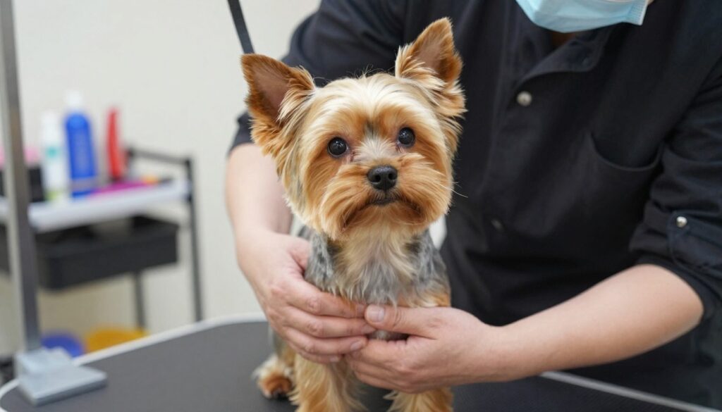 A close-up of a Yorkshire Terrier receiving a professional grooming session focused on its paws and intimate areas. The groomer, a middle-aged individual in a smart casual outfit, is gently holding one of the dog's front paws, ensuring careful attention to detail. Soft, diffused lighting creates a warm and inviting atmosphere, highlighting the dog's shiny coat and the groomer's expertise. In the background, an organized grooming station with tools and supplies reflects a clean and professional environment. The angle is slightly above eye level, allowing for a clear view of the dog's expression and the tender care being provided. The overall mood is calm and reassuring, emphasizing the importance of pet care and grooming. A close-up of a Yorkshire Terrier receiving a professional grooming session focused on its paws and intimate areas. The groomer, a middle-aged individual in a smart casual outfit, is gently holding one of the dog's front paws, ensuring careful attention to detail. Soft, diffused lighting creates a warm and inviting atmosphere, highlighting the dog's shiny coat and the groomer's expertise. In the background, an organized grooming station with tools and supplies reflects a clean and professional environment. The angle is slightly above eye level, allowing for a clear view of the dog's expression and the tender care being provided. The overall mood is calm and reassuring, emphasizing the importance of pet care and grooming.