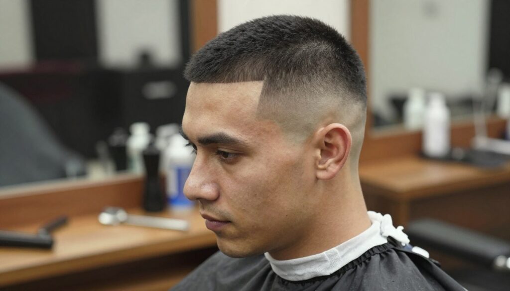 A close-up of a men's buzz cut hairstyle on a well-groomed individual in a barbershop setting. The subject, a man in his 30s, has an athletic build and is dressed in a smart, casual outfit. Focus on the sharp, clean lines of the buzz cut, emphasizing its freshness and neatness. In the background, blurred barber tools and a mirror reflect a stylish yet professional atmosphere. Soft, warm lighting highlights the man's facial features, showcasing the texture of his hair and skin. The angle is slightly tilted to capture both the haircut and the barbershop ambiance, evoking a sense of sophistication and clarity, perfect for discussing hair maintenance and aesthetic appeal. A close-up of a men's buzz cut hairstyle on a well-groomed individual in a barbershop setting. The subject, a man in his 30s, has an athletic build and is dressed in a smart, casual outfit. Focus on the sharp, clean lines of the buzz cut, emphasizing its freshness and neatness. In the background, blurred barber tools and a mirror reflect a stylish yet professional atmosphere. Soft, warm lighting highlights the man's facial features, showcasing the texture of his hair and skin. The angle is slightly tilted to capture both the haircut and the barbershop ambiance, evoking a sense of sophistication and clarity, perfect for discussing hair maintenance and aesthetic appeal.