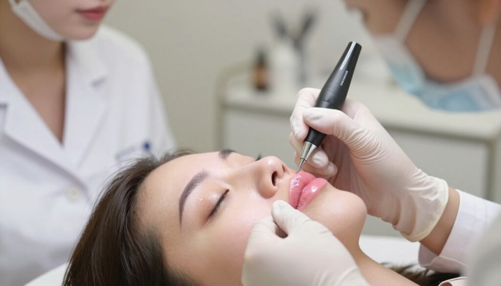 A close-up of a professional lip tattooing process, showcasing a cosmetologist applying permanent makeup on a client's lips. The foreground features the cosmetologist, wearing a white lab coat and gloves, focused on the precise application of a soft, natural pink pigment to enhance the client's lips. The middle ground highlights the client's smooth, slightly fuller lips, expertly contoured, with a subtle gloss reflecting the light. The background is softly blurred to emphasize the action, showing a clean, modern beauty studio with neatly arranged tools and soft lighting, creating an inviting atmosphere. The overall feel is professional and serene, illustrating the transformative effect of permanent lip makeup. A close-up of a professional lip tattooing process, showcasing a cosmetologist applying permanent makeup on a client's lips. The foreground features the cosmetologist, wearing a white lab coat and gloves, focused on the precise application of a soft, natural pink pigment to enhance the client's lips. The middle ground highlights the client's smooth, slightly fuller lips, expertly contoured, with a subtle gloss reflecting the light. The background is softly blurred to emphasize the action, showing a clean, modern beauty studio with neatly arranged tools and soft lighting, creating an inviting atmosphere. The overall feel is professional and serene, illustrating the transformative effect of permanent lip makeup.