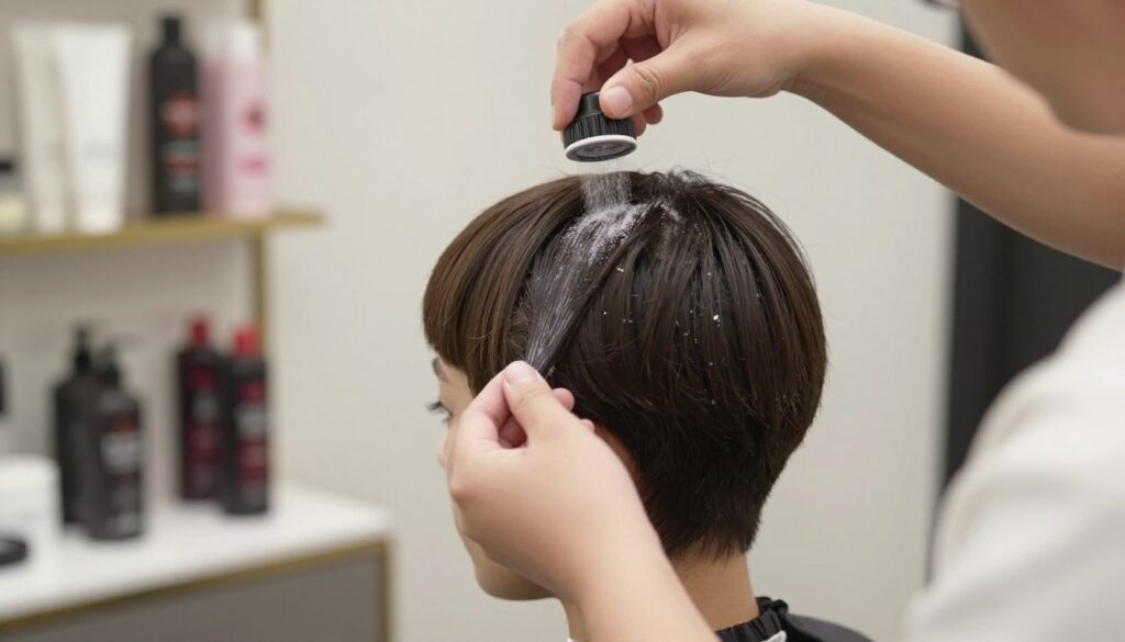 A close-up of a sophisticated hair styling scene featuring a professional stylist applying texturizing powder at the roots of a model's pixie cut. The foreground showcases the stylist's hands delicately sprinkling the powder, with a focus on the product being used. In the middle, the model has fine hair styled into a chic and modern pixie, looking vibrant and full of life. The background includes a softly lit salon environment with high-quality hair products displayed on shelves, creating a warm and inviting atmosphere. Use soft, natural light to emphasize the texture of the hair and the powder. Capture a sense of elegance and innovation in hair care, highlighting the art of enhancing fine hair for a fuller look. A close-up of a sophisticated hair styling scene featuring a professional stylist applying texturizing powder at the roots of a model's pixie cut. The foreground showcases the stylist's hands delicately sprinkling the powder, with a focus on the product being used. In the middle, the model has fine hair styled into a chic and modern pixie, looking vibrant and full of life. The background includes a softly lit salon environment with high-quality hair products displayed on shelves, creating a warm and inviting atmosphere. Use soft, natural light to emphasize the texture of the hair and the powder. Capture a sense of elegance and innovation in hair care, highlighting the art of enhancing fine hair for a fuller look.