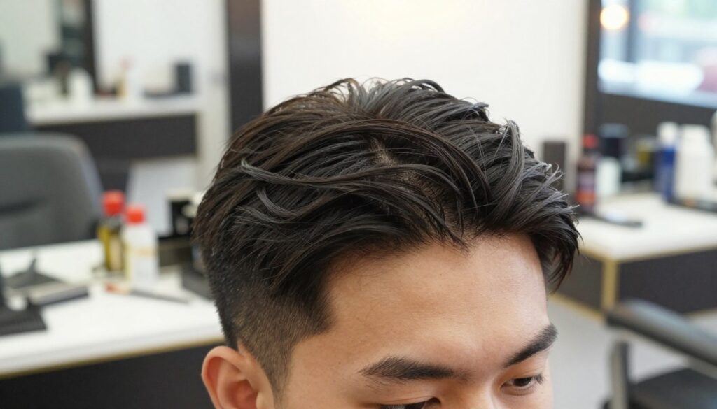 A close-up of a stylish men’s hairstyle featuring a center part, showcasing various styling techniques. The foreground highlights a young man with neatly styled hair, expertly parted down the middle, with a slight sheen from styling products. His hair is thick and well-groomed, reflecting a modern and polished look. In the middle ground, include a blurred view of a stylish barber shop, with mirrors and grooming tools, enhancing the hair focus. The background presents soft, warm lighting to create an inviting atmosphere, imitating the natural light of a sunny afternoon. The image has a balanced composition, capturing the essence of contemporary male grooming and style without any distractions or overlays. A close-up of a stylish men’s hairstyle featuring a center part, showcasing various styling techniques. The foreground highlights a young man with neatly styled hair, expertly parted down the middle, with a slight sheen from styling products. His hair is thick and well-groomed, reflecting a modern and polished look. In the middle ground, include a blurred view of a stylish barber shop, with mirrors and grooming tools, enhancing the hair focus. The background presents soft, warm lighting to create an inviting atmosphere, imitating the natural light of a sunny afternoon. The image has a balanced composition, capturing the essence of contemporary male grooming and style without any distractions or overlays.