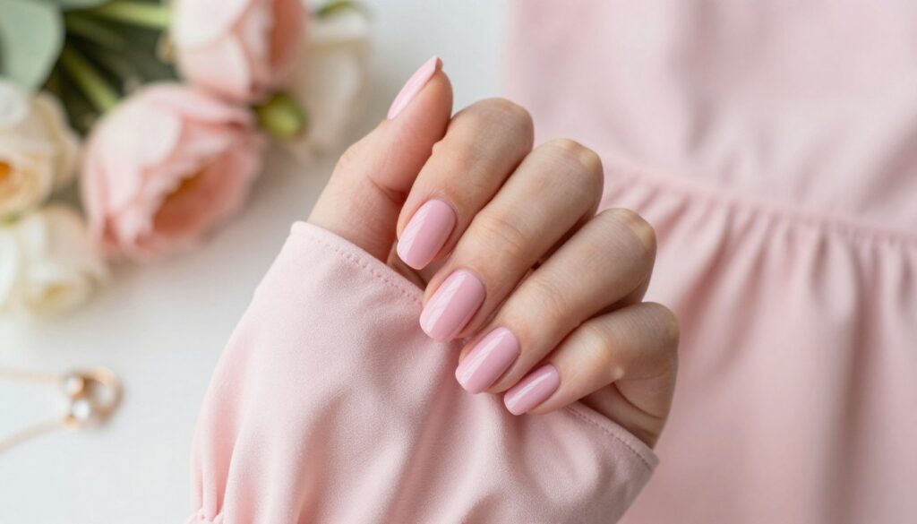 A close-up of elegantly manicured nails featuring a soft, powder pink polish, perfectly complementing a light pink dress. The nails are shown against a softly focused background, which includes pastel-colored flowers and delicate jewelry accessories. The scene is well-lit with natural lighting, softly enhancing the sheen of the nail polish and the texture of the fabric. The focus is on the nails and the dress, with a shallow depth of field to keep the viewer's attention on the elegant manicure. The mood is gentle and sophisticated, conveying a sense of refined style suited for both casual and formal occasions. The setting reflects a tranquil ambiance, perfect for highlighting the harmony between the manicure and the attire. A close-up of elegantly manicured nails featuring a soft, powder pink polish, perfectly complementing a light pink dress. The nails are shown against a softly focused background, which includes pastel-colored flowers and delicate jewelry accessories. The scene is well-lit with natural lighting, softly enhancing the sheen of the nail polish and the texture of the fabric. The focus is on the nails and the dress, with a shallow depth of field to keep the viewer's attention on the elegant manicure. The mood is gentle and sophisticated, conveying a sense of refined style suited for both casual and formal occasions. The setting reflects a tranquil ambiance, perfect for highlighting the harmony between the manicure and the attire.