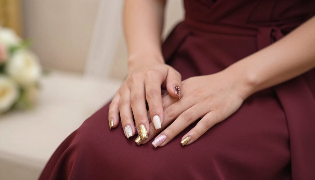 A close-up of elegantly manicured nails showcasing various nail art styles that complement a burgundy dress, set on a softly lit surface that hints at a wedding atmosphere. The nails, featuring intricate designs in gold, white, and pink tones, should be the main focus, with shimmering embellishments reflecting soft light. The background should remain blurred, suggesting a romantic setting with gentle bokeh effects, perhaps including subtle floral elements or elegant drapery. The lighting should be warm and inviting, capturing the elegance of a wedding celebration. The angle should highlight both the nails and the rich fabric of the burgundy dress, creating a harmonious blend that evokes sophistication and style.