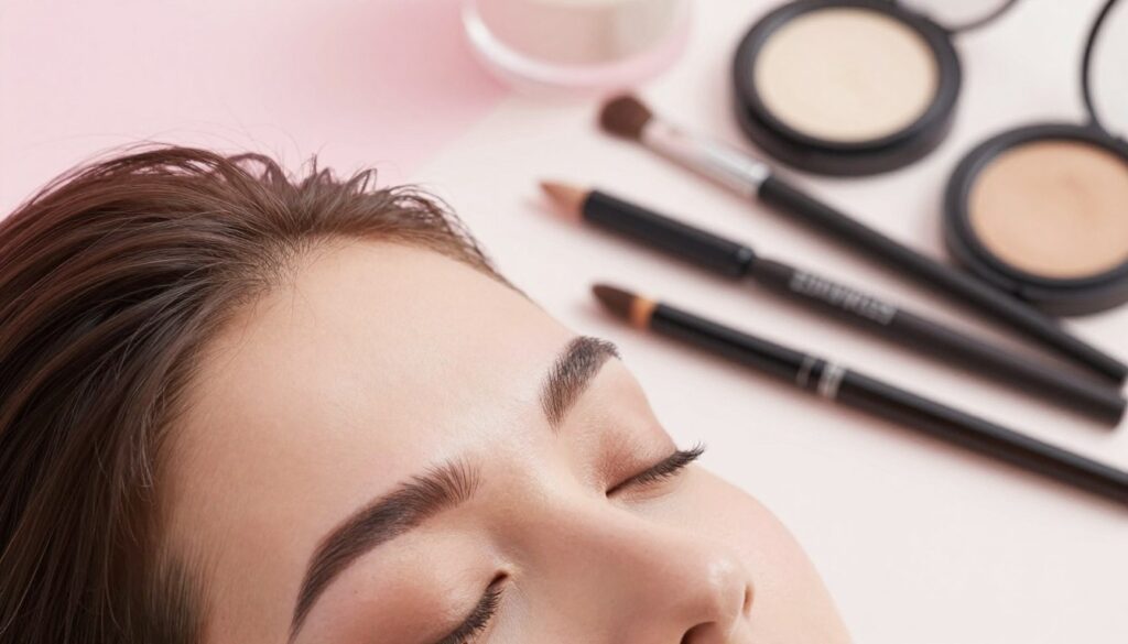 A close-up of perfectly shaped eyebrows showcasing the art of eyebrow makeup. The foreground features a model with beautifully defined brows, highlighting the contrast between natural hair and applied makeup. In the middle, there are various makeup tools, such as eyebrow pencils and powders, arranged neatly to suggest a carefully curated beauty setup. The background consists of soft, blurred pastel colors to create a soothing atmosphere that emphasizes skincare and beauty practices. Bright, soft lighting creates a fresh and clean ambiance, reminiscent of a modern beauty studio. The angle is slightly tilted for a dynamic perspective, capturing the elegance of the makeup application process, while maintaining a professional and informative mood throughout the scene. A close-up of perfectly shaped eyebrows showcasing the art of eyebrow makeup. The foreground features a model with beautifully defined brows, highlighting the contrast between natural hair and applied makeup. In the middle, there are various makeup tools, such as eyebrow pencils and powders, arranged neatly to suggest a carefully curated beauty setup. The background consists of soft, blurred pastel colors to create a soothing atmosphere that emphasizes skincare and beauty practices. Bright, soft lighting creates a fresh and clean ambiance, reminiscent of a modern beauty studio. The angle is slightly tilted for a dynamic perspective, capturing the elegance of the makeup application process, while maintaining a professional and informative mood throughout the scene.