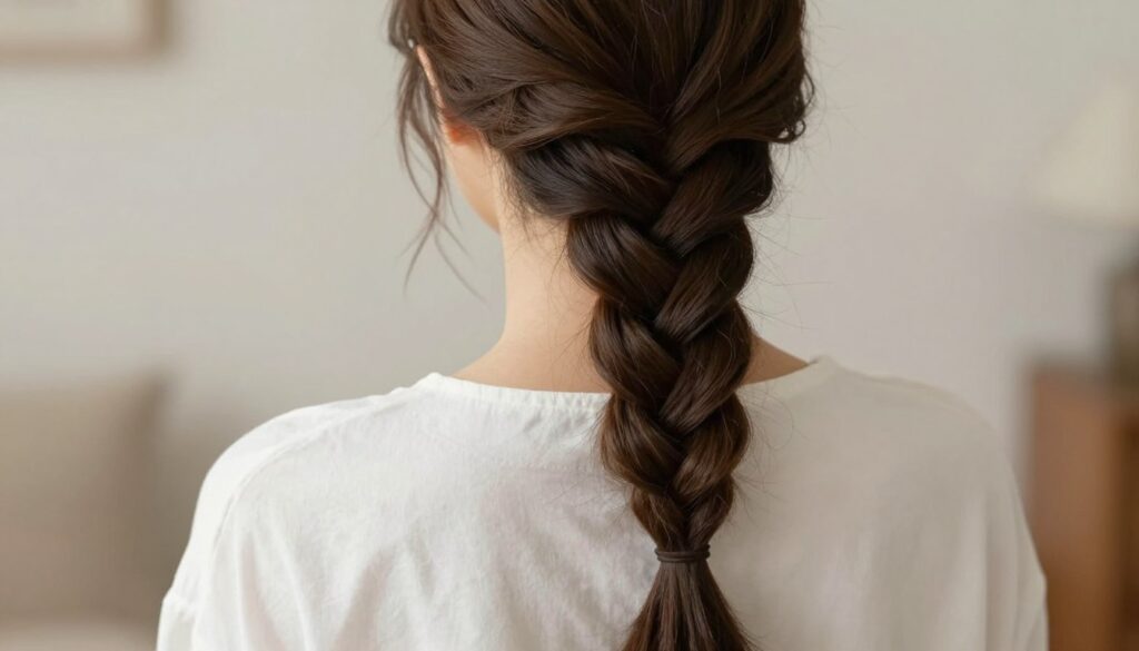 A close-up portrait of a classic braid hairstyle, elegantly woven and cascading down one side of a model's shoulder. The model is wearing a simple, modest white blouse, conveying a refined and polished look. Soft, natural lighting enhances the texture of the hair, highlighting the intricate details of the braid. The background is softly blurred to focus attention on the hairstyle, featuring a neutral, light-toned setting that complements the subject. The atmosphere is calm and sophisticated, evoking a sense of timeless beauty, perfect for both everyday and special occasions. Capture the beauty of the braid with soft shadows and highlights, showcasing the artistry in the weaving technique. A close-up portrait of a classic braid hairstyle, elegantly woven and cascading down one side of a model's shoulder. The model is wearing a simple, modest white blouse, conveying a refined and polished look. Soft, natural lighting enhances the texture of the hair, highlighting the intricate details of the braid. The background is softly blurred to focus attention on the hairstyle, featuring a neutral, light-toned setting that complements the subject. The atmosphere is calm and sophisticated, evoking a sense of timeless beauty, perfect for both everyday and special occasions. Capture the beauty of the braid with soft shadows and highlights, showcasing the artistry in the weaving technique.