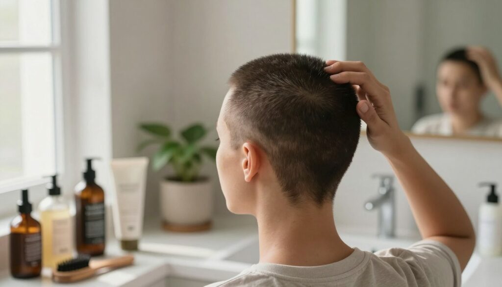 A close-up portrait of a person with a buzz cut, showcasing a well-groomed scalp. The individual is seated in a modern bathroom, surrounded by skincare products specifically designed for scalp care. Natural light filters through a nearby window, casting soft shadows and creating an inviting atmosphere. The foreground features various scalp treatment bottles and tools neatly arranged on the countertop. The middle ground highlights the person applying a moisturizing lotion to their scalp, demonstrating proper care techniques. In the background, a mirror reflects the overall calming ambiance, with subtle green plants adding a touch of freshness. The mood is serene and focused, emphasizing the importance of scalp care for those with very short hair.