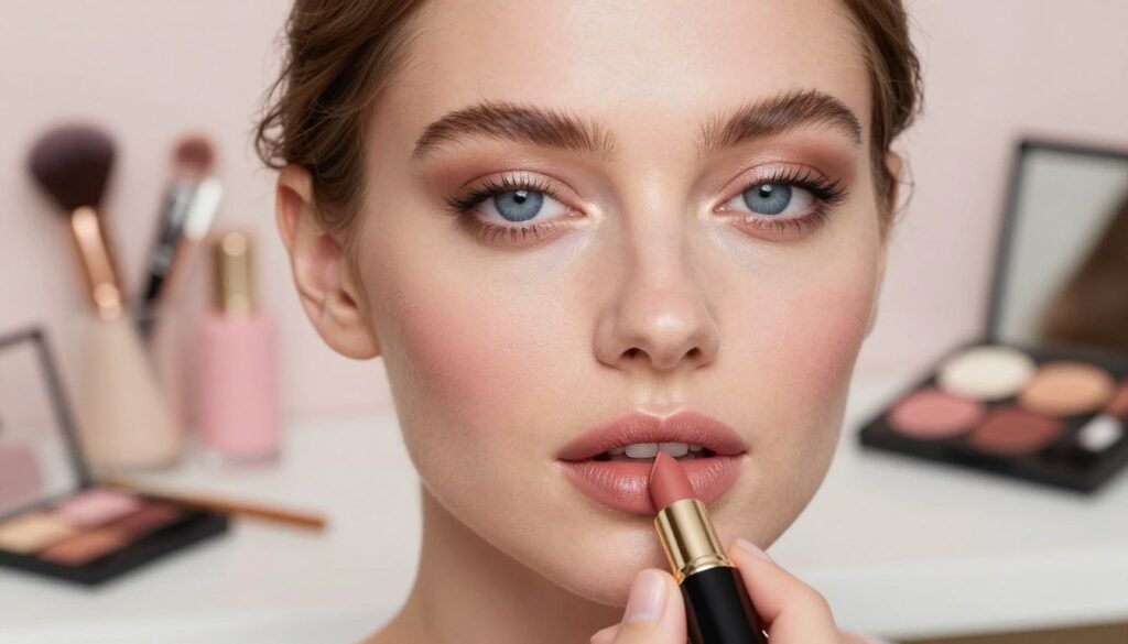A close-up portrait of a woman applying lipstick while showcasing eye makeup that enhances her blue eyes. She has a natural, polished look with softly blended eyeshadow in warm tones, creating a harmonious contrast against her vibrant blue irises. The background is softly blurred, featuring vanity essentials like brushes and palettes in pastel colors, creating an inviting atmosphere. The lighting is soft and diffused, giving a radiant glow to her skin and accentuating the precise application of lipstick. Capture her focused expression, reflecting confidence and artistry. The image conveys a sense of beauty and elegance, with an emphasis on the synergy between lip color and eye makeup.
