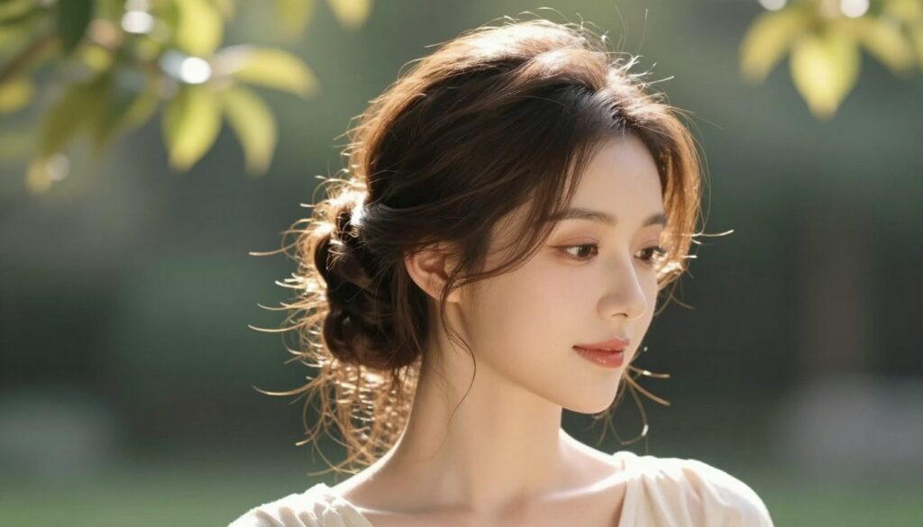 A close-up portrait of a woman with an elegant hairstyle that adds lightness to her appearance, featuring soft, flowing updos and delicate tendrils framing her face. The foreground captures the intricate details of the hairstyle, showcasing highlights and textures, while the middle ground features a softly blurred background of a serene garden setting with gentle dappled sunlight filtering through leaves. The lighting is warm and inviting, creating a soft glow around the subject. The atmosphere is tranquil and uplifting, evoking a sense of grace and beauty. The woman is dressed in a modest, stylish outfit that complements her hairstyle without overpowering it, ensuring the focus remains on her elegant appearance and the hairstyle's refining effects. A close-up portrait of a woman with an elegant hairstyle that adds lightness to her appearance, featuring soft, flowing updos and delicate tendrils framing her face. The foreground captures the intricate details of the hairstyle, showcasing highlights and textures, while the middle ground features a softly blurred background of a serene garden setting with gentle dappled sunlight filtering through leaves. The lighting is warm and inviting, creating a soft glow around the subject. The atmosphere is tranquil and uplifting, evoking a sense of grace and beauty. The woman is dressed in a modest, stylish outfit that complements her hairstyle without overpowering it, ensuring the focus remains on her elegant appearance and the hairstyle's refining effects.