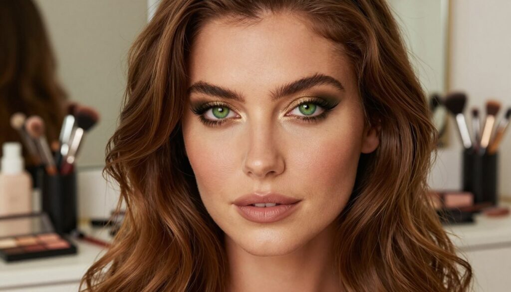 A close-up portrait of a woman with striking green eyes, showcasing a makeup look that enhances her eye color. Her long, wavy hair cascades softly around her shoulders, styled in warm, chestnut tones. The makeup emphasizes shades of bronze and gold, with smoky green eyeliner and subtle shimmering eyeshadow that highlights her green irises. Use soft, diffused lighting to create a warm and inviting atmosphere, while maintaining a natural look. The background should be a blurred, elegant vanity setting, adorned with makeup brushes and palettes, hinting at the theme of beauty and technique. Capture the image from eye level to draw viewers into her captivating gaze, exuding confidence and elegance.