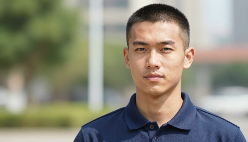 A close-up portrait of a young adult male with a buzz cut hairstyle, showcasing a clean and uniform hair length clipped close to the scalp. His expression is confident and relaxed, exuding a sense of discipline and professionalism. The subject is dressed in a smart, casual outfit, such as a fitted polo shirt, adding to the military vibe without being overly formal. The background features a soft-focus urban environment, with hints of greenery to create a natural contrast. The lighting is bright and even, suggesting a sunny day, with soft shadows enriching the facial features. The shot is taken from a slightly low angle to emphasize the hairstyle and facial expression, capturing a contemporary and approachable mood.