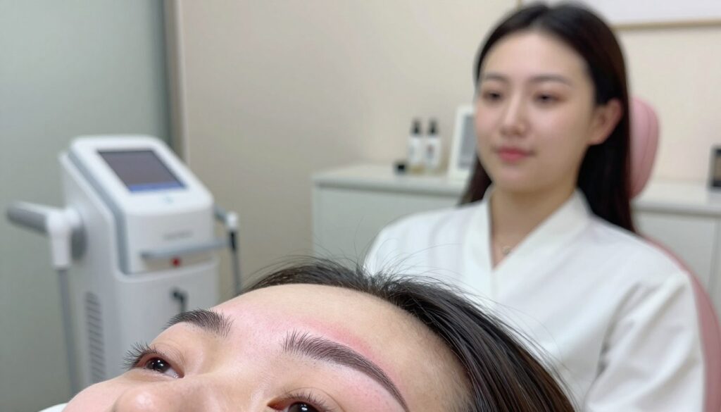 A close-up shot of perfectly shaped eyebrows that have just undergone a cosmetic procedure, focusing on the subtle redness and slight swelling around the brow area. The foreground features a detailed view of the brows with a soft highlight to emphasize their new shape and color. In the middle ground, a model with a calm expression sits in a well-lit beauty clinic, dressed in a professional white robe, reflecting a serene and clean environment. The background includes blurred, state-of-the-art beauty equipment and calming pastel colors to enhance the space’s tranquility. The overall mood is informative and reassuring, with bright, natural lighting to convey a sense of cleanliness and professionalism. Use a shallow depth of field to keep the focus on the eyebrows while softly blurring the background elements. A close-up shot of perfectly shaped eyebrows that have just undergone a cosmetic procedure, focusing on the subtle redness and slight swelling around the brow area. The foreground features a detailed view of the brows with a soft highlight to emphasize their new shape and color. In the middle ground, a model with a calm expression sits in a well-lit beauty clinic, dressed in a professional white robe, reflecting a serene and clean environment. The background includes blurred, state-of-the-art beauty equipment and calming pastel colors to enhance the space’s tranquility. The overall mood is informative and reassuring, with bright, natural lighting to convey a sense of cleanliness and professionalism. Use a shallow depth of field to keep the focus on the eyebrows while softly blurring the background elements.