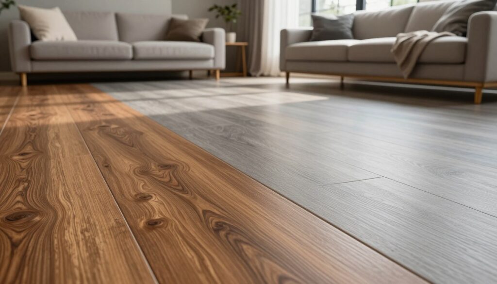 A close-up view of a beautifully styled living room floor featuring both laminate and vinyl flooring panels. In the foreground, showcase a section of glossy laminate panels with a rich, warm wood grain pattern, displaying their durability and aesthetic appeal. Adjacent, highlight a section of soft-touch, textured vinyl flooring in a subtle, modern gray design. The middle ground should focus on cozy furniture, like a sleek sofa and decorative cushions, creating an inviting atmosphere. In the background, soft natural light filters through large windows, illuminating the room and casting gentle shadows. Use a wide-angle lens to capture the entire scene, emphasizing the contrast between the two flooring types. The overall mood should be warm, stylish, and inviting, perfect for a contemporary living space.