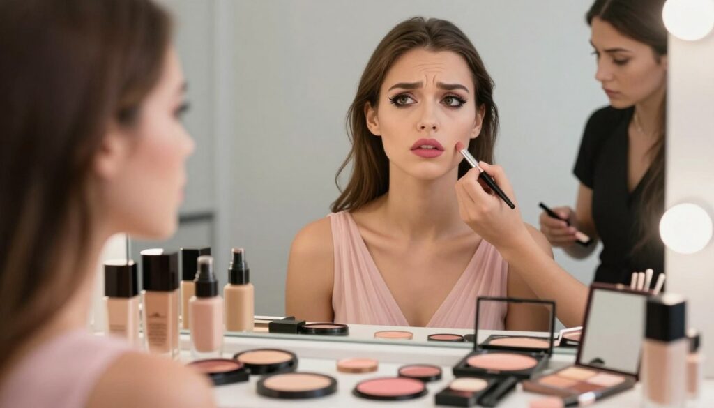 A close-up view of a makeup artist's workspace showcasing common makeup mistakes related to a powder pink dress theme. In the foreground, a well-organized vanity table featuring a variety of makeup products like mismatched foundation shades, overly applied blush, and poorly blended eyeshadow in pastel shades. The middle layer depicts a model with slightly exaggerated makeup errors, such as too heavy eyeliner and clashing lipstick color, focused on a worried expression while looking into a mirror. The background includes soft, diffused lighting to create an elegant yet slightly chaotic atmosphere, emphasizing the importance of subtlety in makeup application. Use a shallow depth of field to keep focus on the model and the makeup mistakes, while softly blurring the surroundings. The overall mood should reflect a mix of elegance and imperfection.