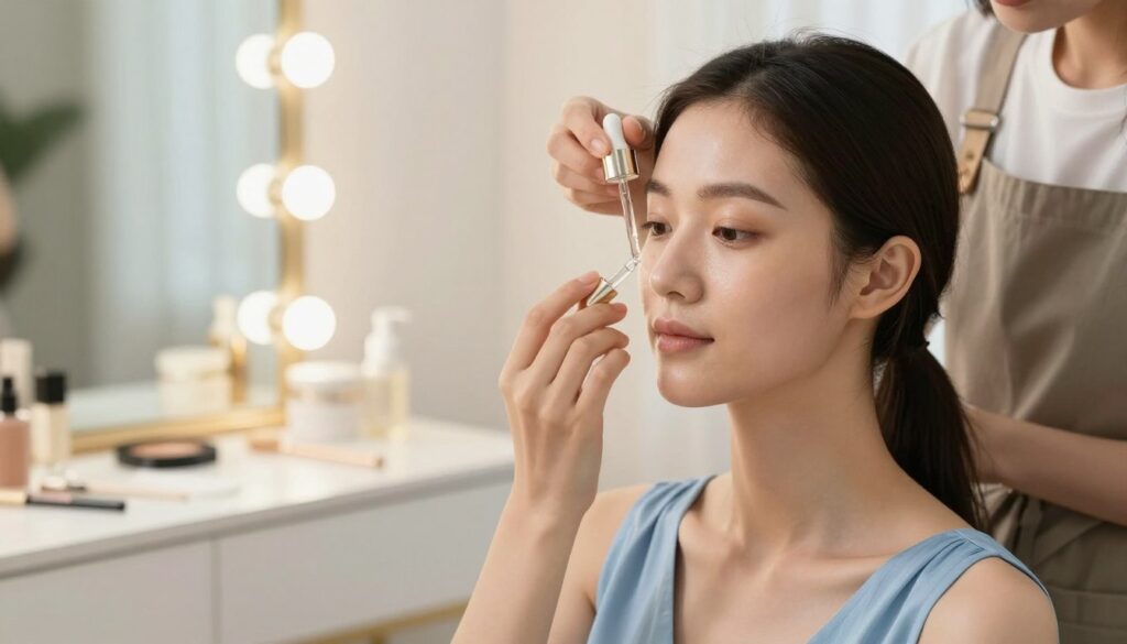 A close-up view of a professional makeup artist preparing the skin for makeup application, showcasing a serene and elegant atmosphere. The artist, dressed in a stylish apron and modest clothing, is applying a hydrating serum to a model’s face. The model is wearing a soft blue dress that complements her skin tone, sitting against a softly blurred background of a well-lit vanity with warm, inviting lighting. The focus is on the model's glowing complexion, with the artist’s hands delicately working on the skin. Natural light filters through a nearby window, creating a gentle glow that enhances the overall mood of preparation and elegance. The scene captures a sense of calm and professionalism, embodying the importance of skincare as a foundation for makeup.