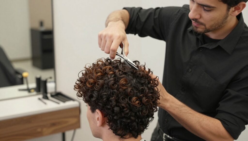 A close-up view of a professional male hairstylist demonstrating advanced cutting techniques on a client with naturally curly hair. The stylist is focused and attentive, wearing a smart black shirt with rolled-up sleeves and scissors in hand. The curls are lush and full, showcasing the texture and bounce as the stylist carefully shapes the hair to enhance its natural wave pattern. Soft, natural lighting illuminates the scene, creating a warm and inviting atmosphere. The background features a modern salon setting with neatly arranged tools and earthy colors, further highlighting the artistry involved in men's curly hair cutting techniques. Capture the essence of grooming, skill, and the beauty of natural curls. A close-up view of a professional male hairstylist demonstrating advanced cutting techniques on a client with naturally curly hair. The stylist is focused and attentive, wearing a smart black shirt with rolled-up sleeves and scissors in hand. The curls are lush and full, showcasing the texture and bounce as the stylist carefully shapes the hair to enhance its natural wave pattern. Soft, natural lighting illuminates the scene, creating a warm and inviting atmosphere. The background features a modern salon setting with neatly arranged tools and earthy colors, further highlighting the artistry involved in men's curly hair cutting techniques. Capture the essence of grooming, skill, and the beauty of natural curls.