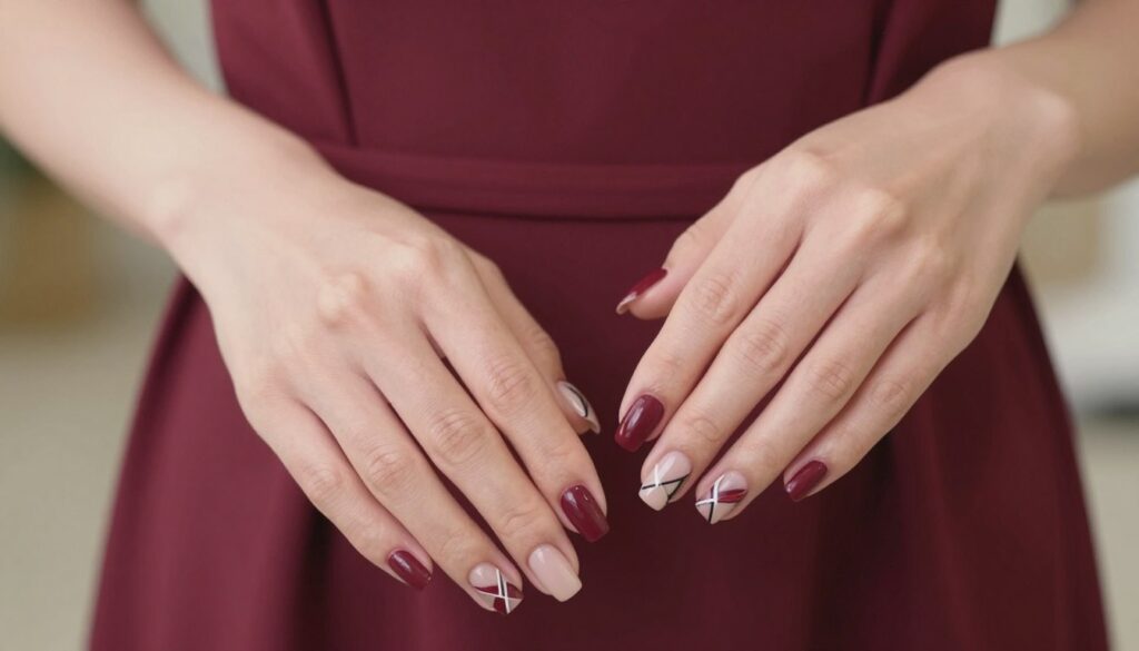 A close-up view of elegant hands featuring a stylish manicure perfectly matched with a burgundy dress, highlighting various nail designs and colors that complement the dress's rich hue. The foreground showcases the hands delicately posed, displaying short and medium-length nails with intricate nail art, including geometric shapes, matte finishes, and glossy accents. The middle ground subtly includes hints of the burgundy fabric, giving context to the nails. The background is softly blurred to maintain focus on the manicure, with soft, warm lighting to create an inviting and sophisticated atmosphere. The angle is slightly overhead, enhancing the detailed focus on both the nails and the fabric of the dress.