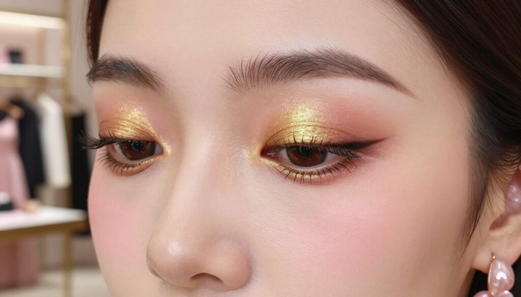 A close-up view of elegantly styled eyes showcasing "gold makeup" on eyelids, featuring dramatic gold eyeshadow blended with soft pink tones to complement a light pink dress. The foreground focuses on the eyes with intricate eyeliner and shimmering golden highlights that catch the light. The middle ground reveals the subtle hint of blush on cheeks, harmonizing with the overall palette. In the background, a softly blurred, elegant setting suggests a sophisticated atmosphere, like a chic boutique or a stylish event space. The lighting is warm and inviting, enhancing the richness of gold and creating an ethereal glow. The mood is refined and modern, ideal for a fashionable and stylish presentation of eye makeup. A close-up view of elegantly styled eyes showcasing "gold makeup" on eyelids, featuring dramatic gold eyeshadow blended with soft pink tones to complement a light pink dress. The foreground focuses on the eyes with intricate eyeliner and shimmering golden highlights that catch the light. The middle ground reveals the subtle hint of blush on cheeks, harmonizing with the overall palette. In the background, a softly blurred, elegant setting suggests a sophisticated atmosphere, like a chic boutique or a stylish event space. The lighting is warm and inviting, enhancing the richness of gold and creating an ethereal glow. The mood is refined and modern, ideal for a fashionable and stylish presentation of eye makeup.