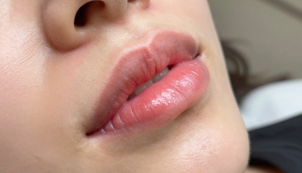 A close-up view of freshly treated lips after a permanent makeup procedure, showcasing the healing process. The lips should appear slightly swollen with a natural, soft pink hue, reflecting the new pigmentation. In the foreground, focus on the delicate texture of the lips, capturing the fine details of the skin. The middle ground can include a gentle hand applying a soothing balm, symbolizing care during the recovery phase, with soft, diffused lighting highlighting the sheen of the product. In the background, a calm and spa-like environment is suggested, featuring neutral colors and soft textures that enhance a serene atmosphere. The overall mood should evoke a sense of calm and care, illustrating the step-by-step healing journey. A close-up view of freshly treated lips after a permanent makeup procedure, showcasing the healing process. The lips should appear slightly swollen with a natural, soft pink hue, reflecting the new pigmentation. In the foreground, focus on the delicate texture of the lips, capturing the fine details of the skin. The middle ground can include a gentle hand applying a soothing balm, symbolizing care during the recovery phase, with soft, diffused lighting highlighting the sheen of the product. In the background, a calm and spa-like environment is suggested, featuring neutral colors and soft textures that enhance a serene atmosphere. The overall mood should evoke a sense of calm and care, illustrating the step-by-step healing journey.