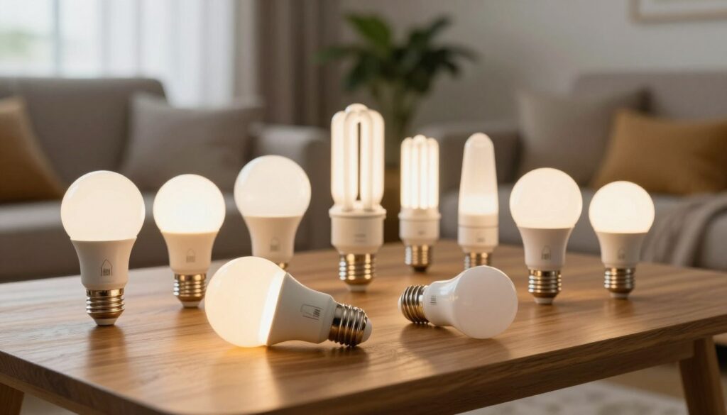 A collection of modern LED bulbs displayed elegantly on a wooden table, showcasing different shapes and sizes. The foreground features a close-up of a beautifully designed LED bulb with a warm glow, highlighting its energy-efficient technology. In the middle ground, various other LED bulbs are arranged artistically, illuminating the space with soft, ambient light. The background includes a softly blurred living room setting, featuring cozy furniture and plants, conveying a welcoming atmosphere. Soft, diffused natural light streams in from a window, creating a serene mood. Capture the beauty and efficiency of modern LED lighting, emphasizing their role in energy conservation and durability in home environments. A collection of modern LED bulbs displayed elegantly on a wooden table, showcasing different shapes and sizes. The foreground features a close-up of a beautifully designed LED bulb with a warm glow, highlighting its energy-efficient technology. In the middle ground, various other LED bulbs are arranged artistically, illuminating the space with soft, ambient light. The background includes a softly blurred living room setting, featuring cozy furniture and plants, conveying a welcoming atmosphere. Soft, diffused natural light streams in from a window, creating a serene mood. Capture the beauty and efficiency of modern LED lighting, emphasizing their role in energy conservation and durability in home environments.