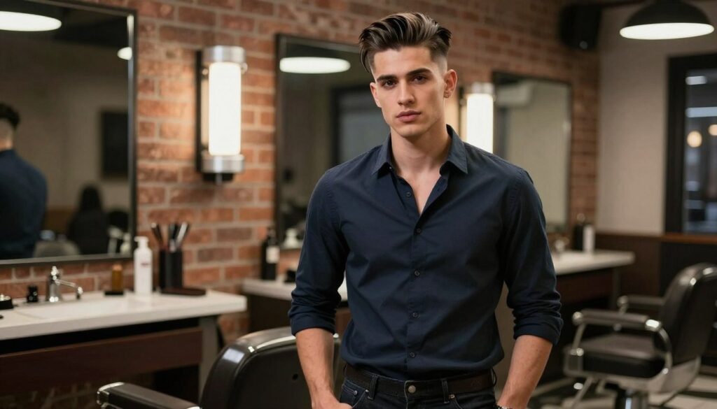 A confident young man with an edgy undercut hairstyle stands in a modern barbershop, showcasing his unique look. His hair is slicked back on top, with the sides faded sharply, accentuating his strong jawline and expressive features. He is dressed in smart casual attire—a fitted shirt and dark jeans, radiating style and self-assurance. The barbershop has an industrial vibe, with exposed brick walls and vintage barber tools in the background, softly blurred for depth. The lighting is warm and inviting, casting gentle highlights on his hair and face. The overall atmosphere conveys a sense of daring and sophistication, perfectly illustrating the boldness of the undercut style and its suitability for fashion-forward individuals. A confident young man with an edgy undercut hairstyle stands in a modern barbershop, showcasing his unique look. His hair is slicked back on top, with the sides faded sharply, accentuating his strong jawline and expressive features. He is dressed in smart casual attire—a fitted shirt and dark jeans, radiating style and self-assurance. The barbershop has an industrial vibe, with exposed brick walls and vintage barber tools in the background, softly blurred for depth. The lighting is warm and inviting, casting gentle highlights on his hair and face. The overall atmosphere conveys a sense of daring and sophistication, perfectly illustrating the boldness of the undercut style and its suitability for fashion-forward individuals.