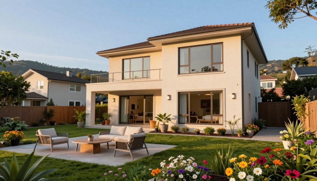 A contemporary and stylish home in a suburban setting, reflecting the essence of a pop artist's lifestyle. In the foreground, a well-maintained garden with vibrant flowers and modern outdoor furniture. In the middle, a chic, two-story house with large windows showcasing a welcoming atmosphere, featuring warm pastel colors. The background displays a picturesque neighborhood with trees and soft hills under a clear blue sky. The scene is illuminated by soft, golden afternoon sunlight, creating a warm and inviting mood. The angle captures the house from a slightly elevated perspective, giving a sense of spaciousness and tranquility, perfect for the lifestyle of a young artist. A contemporary and stylish home in a suburban setting, reflecting the essence of a pop artist's lifestyle. In the foreground, a well-maintained garden with vibrant flowers and modern outdoor furniture. In the middle, a chic, two-story house with large windows showcasing a welcoming atmosphere, featuring warm pastel colors. The background displays a picturesque neighborhood with trees and soft hills under a clear blue sky. The scene is illuminated by soft, golden afternoon sunlight, creating a warm and inviting mood. The angle captures the house from a slightly elevated perspective, giving a sense of spaciousness and tranquility, perfect for the lifestyle of a young artist.