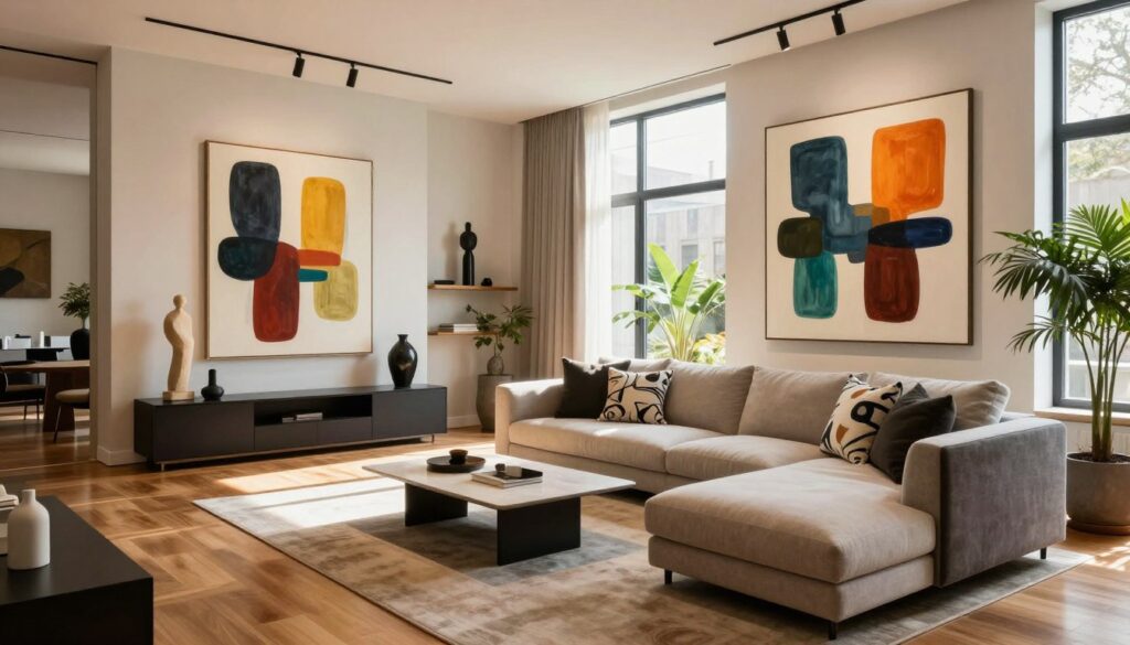A contemporary art-filled interior, showcasing a stylish living space with a sleek modern design. The foreground features a beautifully designed sofa adorned with abstract-patterned cushions, positioned next to a minimalist coffee table. In the middle, large canvas artworks with bold colors and abstract shapes hang on the walls, juxtaposed with elegant sculptures on shelves. A stylish, large window allows natural light to flood the room, casting soft shadows across the polished wooden floor. In the background, ornamental plants add a touch of greenery, enhancing the artistic vibe. The mood is sophisticated and inviting, perfect for an art enthusiast. The scene is captured with a wide-angle lens, emphasizing space and depth, with warm lighting to create an inviting atmosphere.
