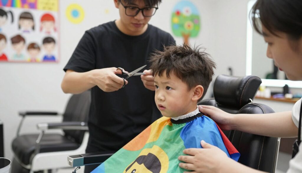 A cozy and cheerful scene depicting a young boy's first haircut at either a barbershop or at home, emphasizing a warm and inviting atmosphere. In the foreground, a small boy with slightly messy hair sits in a stylish barber chair, looking excited and slightly nervous. He wears a colorful, playful cape, with a parent gently holding his hand for reassurance. The middle ground features a friendly barber or parent using scissors, showcasing skill and care. In the background, colorful decorations adorn the walls, perhaps with children's hairstyles displayed and cheerful lighting creating a comfortable ambiance. The composition is bright and vibrant, capturing the joy and significance of this milestone, with soft, natural lighting enhancing the scene.