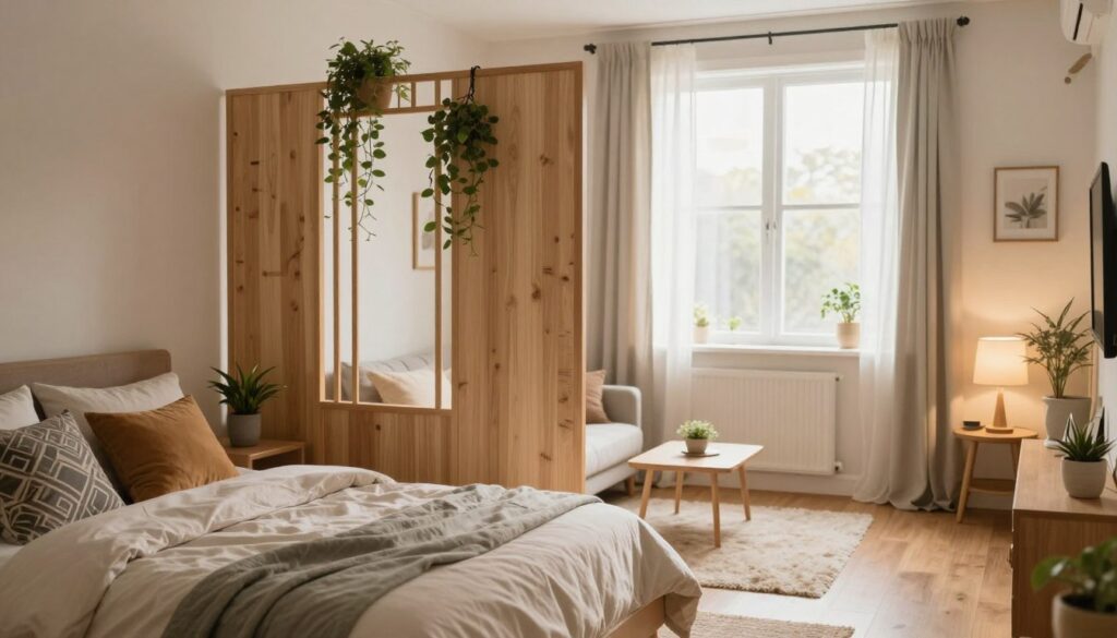 A cozy and stylish small living room with a distinct sleeping area elegantly separated using a modern room divider. The foreground features a neatly made bed with soft linens in soothing colors, adorned with decorative pillows. In the middle, a sleek partition made of light wood with plants climbing on it enhances privacy, while maintaining an open feel. The background showcases a bright window with sheer curtains letting in warm, natural light, highlighting the inviting atmosphere. Add plush rugs underfoot and a small side table with a lamp, creating a tranquil space. The overall mood is serene and practical, perfect for demonstrating how to effectively define a bedroom space within a limited area. Use a warm color palette and soft focus for a comforting ambiance.