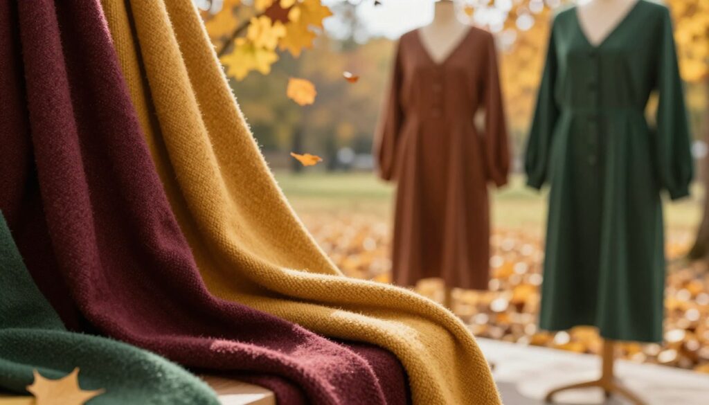 A cozy autumn clothing scene featuring various types of soft, comfortable fabrics ideal for everyday dresses. In the foreground, a close-up of luxurious, textured textiles like cotton, wool, and knit, displaying warm earthy tones such as deep burgundy, mustard yellow, and forest green. In the middle ground, an elegant display of these fabrics draped over mannequin forms, showcasing stylish yet relaxed dress silhouettes suited for cooler weather. The background features a softly blurred autumn landscape, with golden leaves gently falling, creating a warm, inviting atmosphere. The lighting is soft and natural, reminiscent of a sunny fall afternoon, casting gentle shadows that enhance the textures of the fabrics. The overall mood is serene and inviting, perfect for a fall fashion article. A cozy autumn clothing scene featuring various types of soft, comfortable fabrics ideal for everyday dresses. In the foreground, a close-up of luxurious, textured textiles like cotton, wool, and knit, displaying warm earthy tones such as deep burgundy, mustard yellow, and forest green. In the middle ground, an elegant display of these fabrics draped over mannequin forms, showcasing stylish yet relaxed dress silhouettes suited for cooler weather. The background features a softly blurred autumn landscape, with golden leaves gently falling, creating a warm, inviting atmosphere. The lighting is soft and natural, reminiscent of a sunny fall afternoon, casting gentle shadows that enhance the textures of the fabrics. The overall mood is serene and inviting, perfect for a fall fashion article.