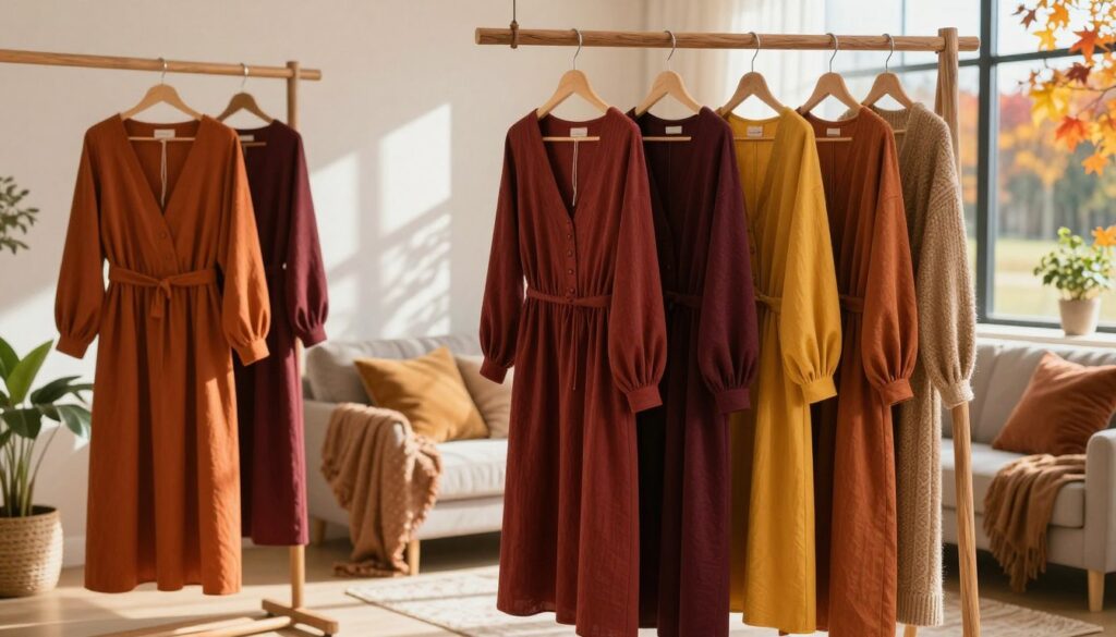 A cozy autumn scene featuring a variety of stylish, comfortable dresses suitable for everyday wear. In the foreground, a selection of beautiful dresses hangs on a rustic wooden rack, showcasing rich autumn colors like burnt orange, deep burgundy, and mustard yellow. The middle ground includes a softly lit living space adorned with warm textiles and natural elements, such as plush cushions and potted plants. Sunlight filters through a nearby window, casting gentle shadows and creating a warm, inviting atmosphere. In the background, hints of an outdoor landscape with colorful fall foliage can be seen, enhancing the autumn feel. The composition is balanced, with a focus on quality garments that imply an investment in timeless fashion. The mood is serene and inspiring, perfect for highlighting elegant fall styling. A cozy autumn scene featuring a variety of stylish, comfortable dresses suitable for everyday wear. In the foreground, a selection of beautiful dresses hangs on a rustic wooden rack, showcasing rich autumn colors like burnt orange, deep burgundy, and mustard yellow. The middle ground includes a softly lit living space adorned with warm textiles and natural elements, such as plush cushions and potted plants. Sunlight filters through a nearby window, casting gentle shadows and creating a warm, inviting atmosphere. In the background, hints of an outdoor landscape with colorful fall foliage can be seen, enhancing the autumn feel. The composition is balanced, with a focus on quality garments that imply an investment in timeless fashion. The mood is serene and inspiring, perfect for highlighting elegant fall styling.
