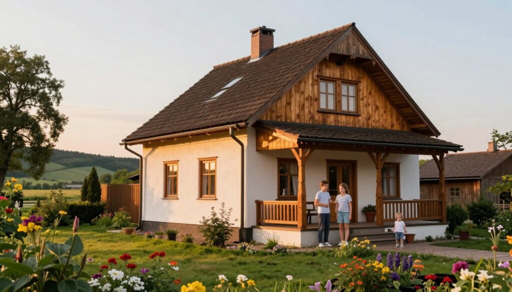 A cozy family house in Łosiów, Poland, featuring traditional architecture with warm wooden accents and a welcoming front porch. In the foreground, lush green gardens filled with colorful flowers enhance the homey atmosphere. The middle ground should highlight the house's charming facade, with large windows reflecting the soft golden light of a late afternoon sun. In the background, serene rural landscapes stretch, with gentle hills and distant trees creating a peaceful setting. The scene is bathed in warm, inviting light that conveys a sense of family warmth and connection. The mood is tranquil and nostalgic, evoking a sense of belonging and home. No people are present, ensuring a focus on the house and its surroundings.