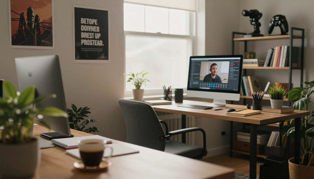 A cozy home workspace of a YouTuber, featuring a well-organized desk with a computer, notebooks, and creative tools scattered around. The foreground shows a warm cup of coffee and a potted plant adding a touch of nature. In the middle, a large window streams soft, natural light into the room, illuminating motivational posters on the walls. A comfortable chair is positioned next to the desk, suggesting a space for relaxation. In the background, a bookshelf filled with books and gaming collectibles reflects the individual’s personal interests. The atmosphere is inviting and creative, with a sense of daily routine and passion for content creation, captured with a shallow depth of field to emphasize the intimate workspace. Soft lighting creates a tranquil and productive mood, perfect for illustrating the daily life of a content creator.