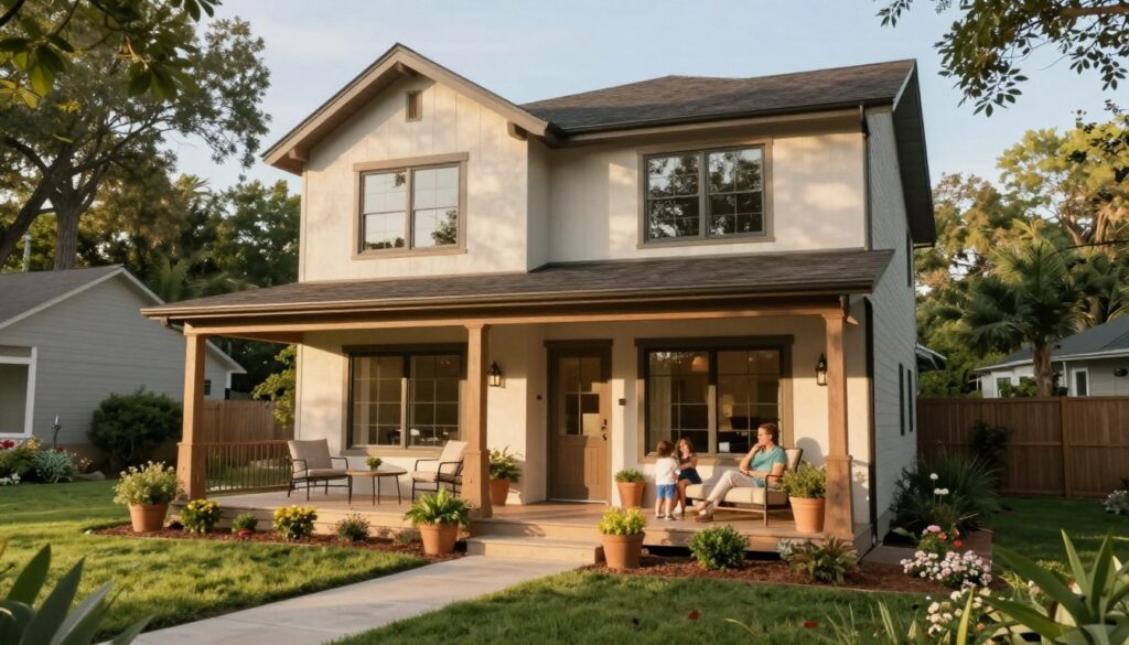 A cozy, inviting home representing the residence of a popular influencer family, situated in a suburban environment. In the foreground, a warm and welcoming front porch adorned with potted plants and a stylish outdoor seating area. The middle ground features a modern, two-story house with large windows, allowing natural light to flood in, showcasing a blend of contemporary and rustic architecture. In the background, a lush garden complete with trees and flower beds enhances the homey atmosphere. Soft afternoon sunlight casts gentle shadows, creating a serene mood. The image should be captured from a slightly elevated angle, emphasizing the house and its surroundings without including any people, ensuring a calm and professional setting. A cozy, inviting home representing the residence of a popular influencer family, situated in a suburban environment. In the foreground, a warm and welcoming front porch adorned with potted plants and a stylish outdoor seating area. The middle ground features a modern, two-story house with large windows, allowing natural light to flood in, showcasing a blend of contemporary and rustic architecture. In the background, a lush garden complete with trees and flower beds enhances the homey atmosphere. Soft afternoon sunlight casts gentle shadows, creating a serene mood. The image should be captured from a slightly elevated angle, emphasizing the house and its surroundings without including any people, ensuring a calm and professional setting.